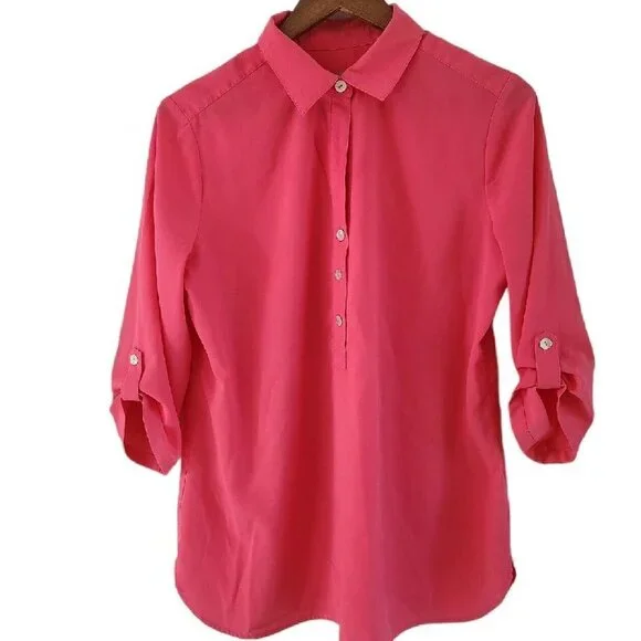 Chicos Pink Polyester Quarter Button Front 3/4 Roll Tab Sleeves Tunic Size 1 M 8 - Picture 5 of 6